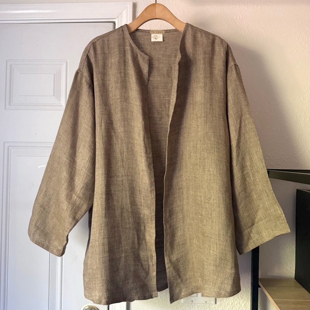 TIN LIZZIE tan herring‎ bone linen boxy lagenlook buttonless oversized jacket